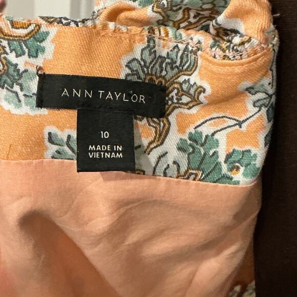 Ann Taylor Peach Green Cotton Linen Floral Ruffle Summer Fit Flare Dress Size 10 - Picture 2 of 10